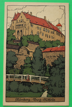 AK Nürnberg / 1910-20 / Litho / Burg von Süden Brücke Stadtmauer / Künstler Steinzeichnung Stein-Zeichnung / Monogramm L
